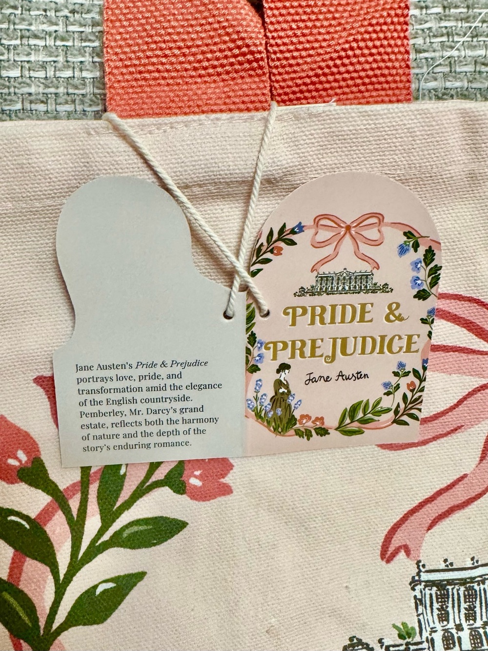 Jane Austen 🎀 Pride & Prejudice Canvas Tote Floral Soft Pink Book Bag 📚 NWT - Picture 4 of 7